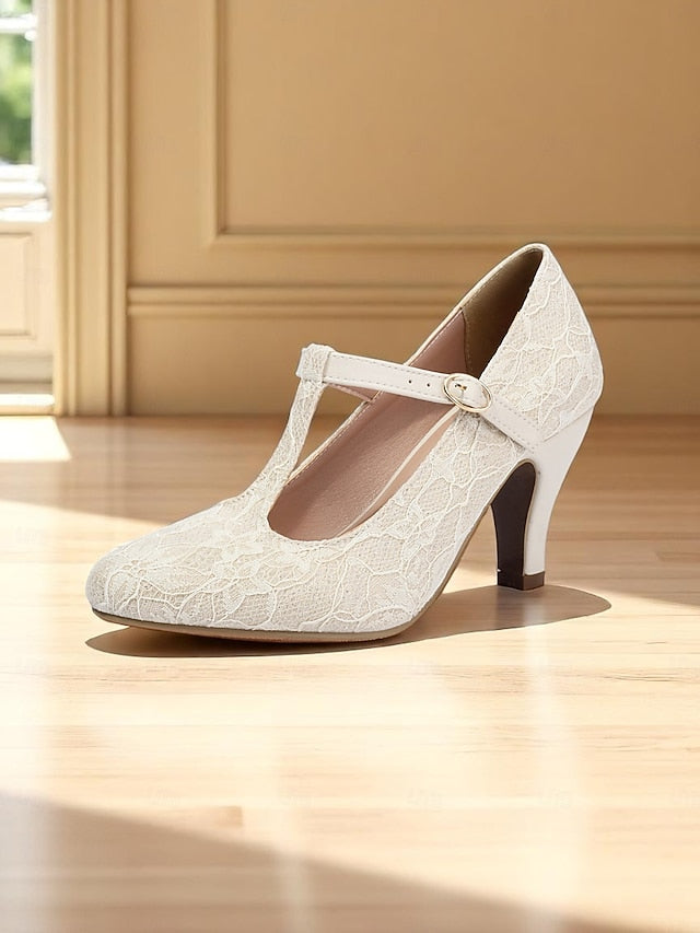 Lace Ivory Heel Women's Pumps-1920s Mid T-Strap Vintage
