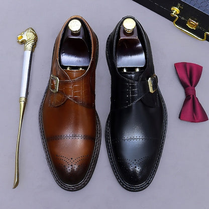 First Men's Genuine Strap Monk Black Leather Shoes-