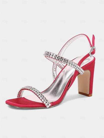 Heel Prom White Bridal – Rhinestone Sandals Women's Block