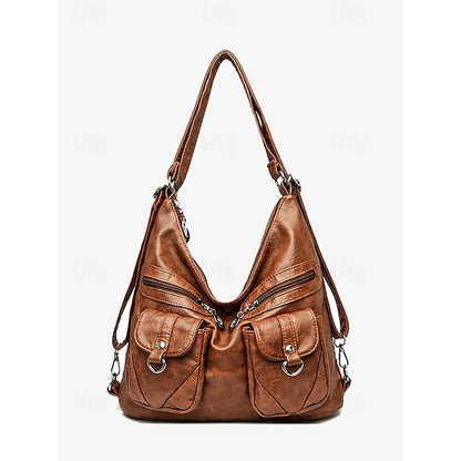 Brown Leather Women's Bag Multiple Faux Pockets with Hobo