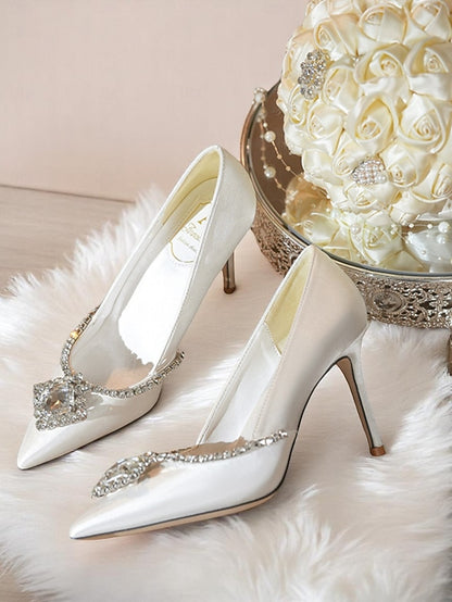 Satin Women's Pointed White Heels Wedding Toe with Crystal