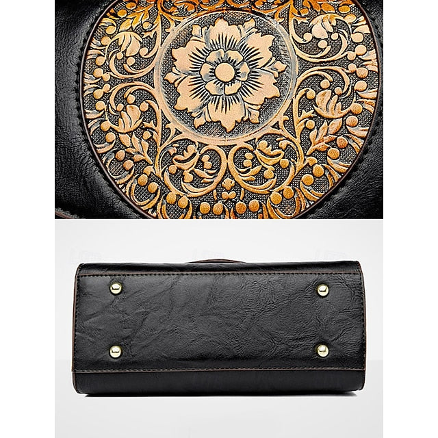 Floral – Faux Vintage Engraved Handbag Leather Women's