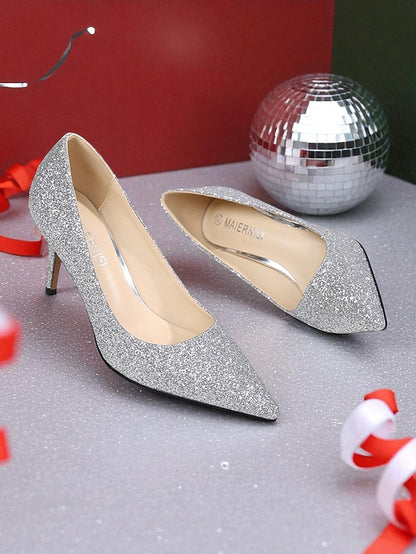Stiletto Pointed-Toe Sparkly Gold Glitter - Women's Pumps