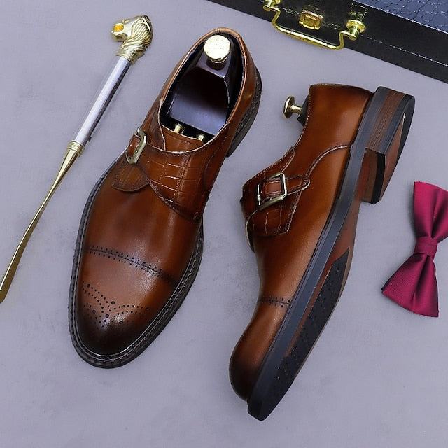 First Men's Genuine Strap Monk Black Leather Shoes-