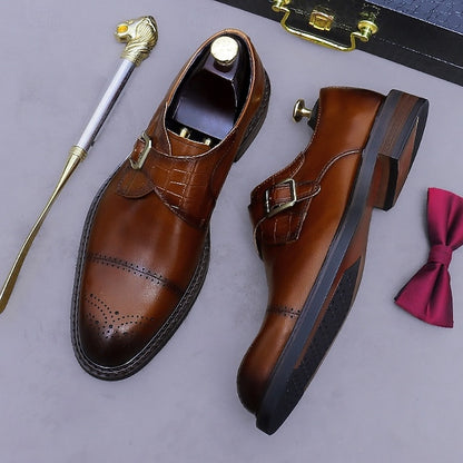 First Men's Genuine Strap Monk Black Leather Shoes-