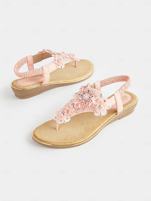 Women's Floral Sandals Pink T-Strap – Lace Embellished