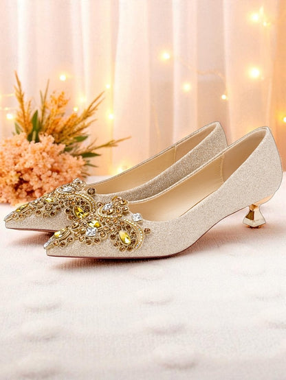 Heel Women's Pumps Pointed-Toe with Gold Low Glitter