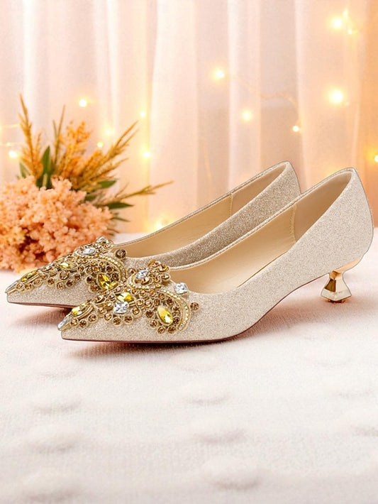 Heel Women's Pumps Pointed-Toe with Gold Low Glitter