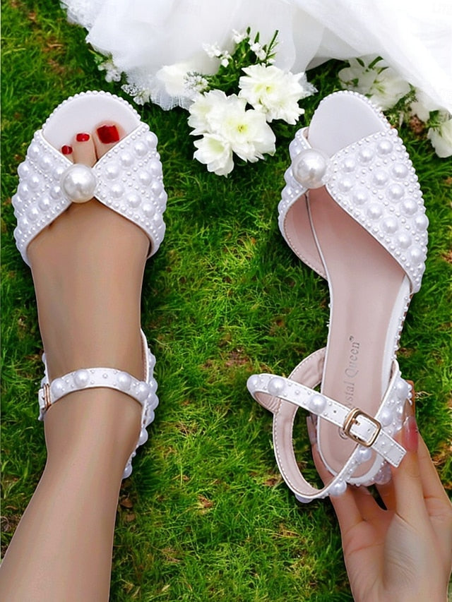 Women's Pearl-Embellished – Heel Low White Sandals