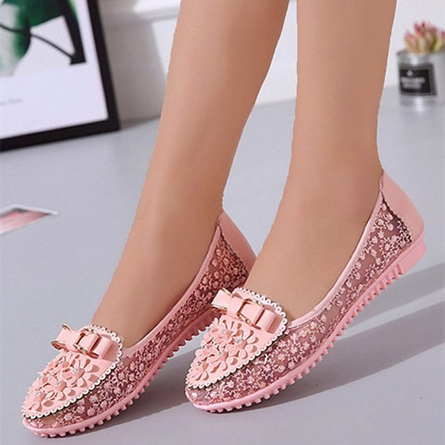 Flats Floral - Women's Lace with Bow and Details Pink