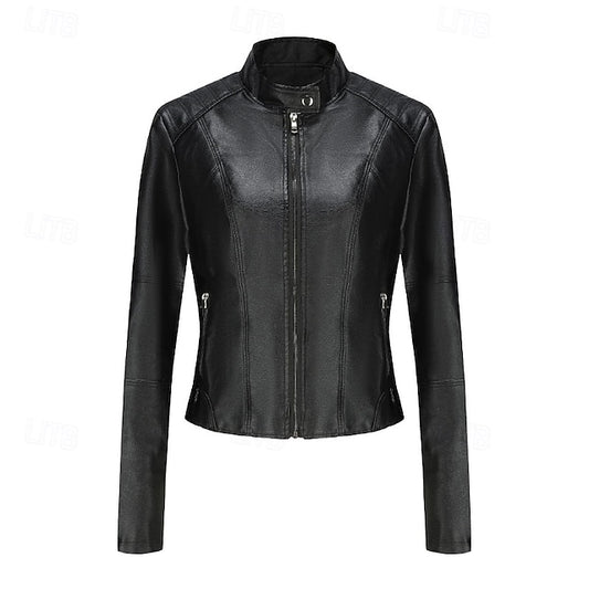 Faux Pocket Leather Zipper Comfortable Jacket Women's