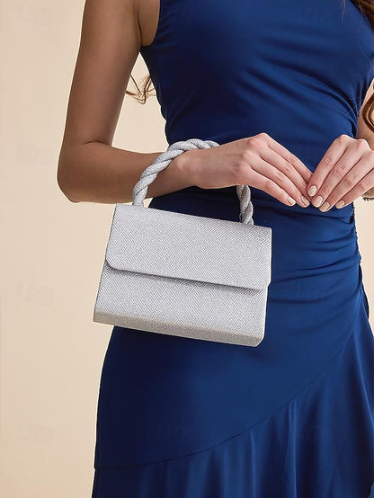 Women's Silver Handbag Glitter Handle with Braided and