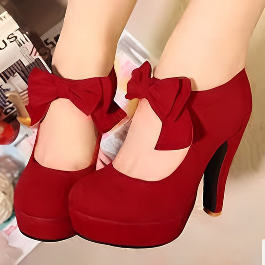 Heel Bow High Suede Platform Vintage – Red Pumps Women's