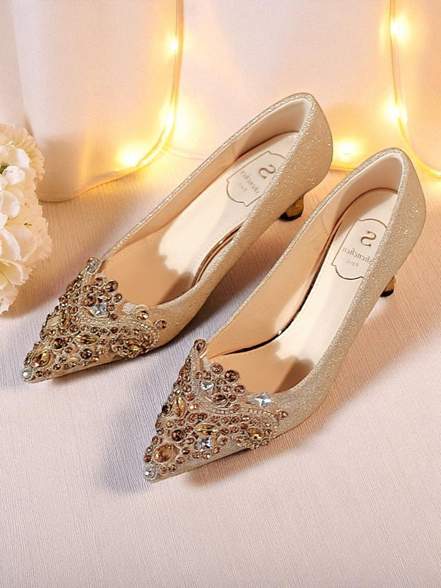 Heel Women's Pumps Pointed-Toe with Gold Low Glitter