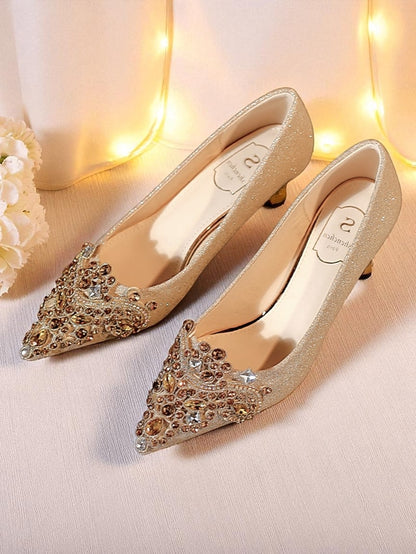 Heel Women's Pumps Pointed-Toe with Gold Low Glitter