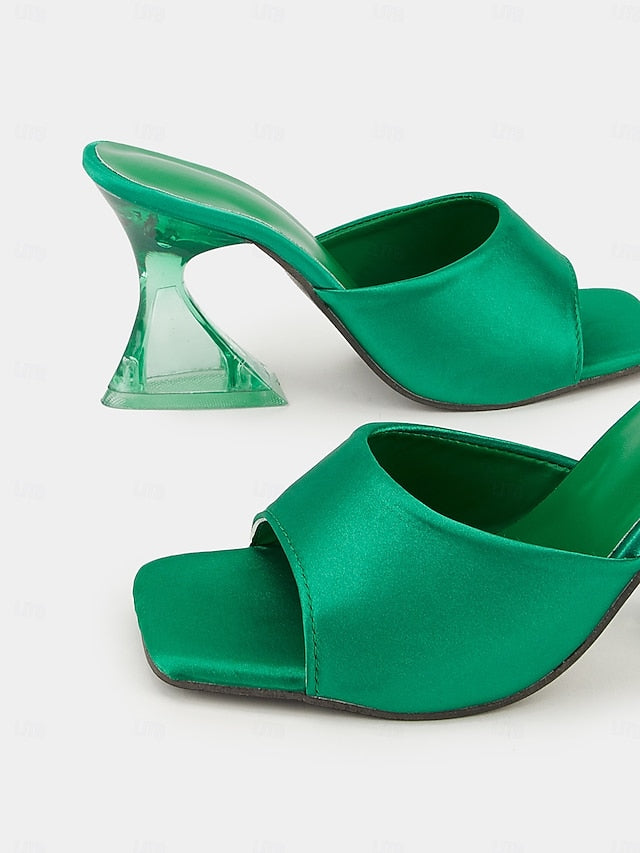 Open-Toe Heels Block with Mules Green Satin for Transparent