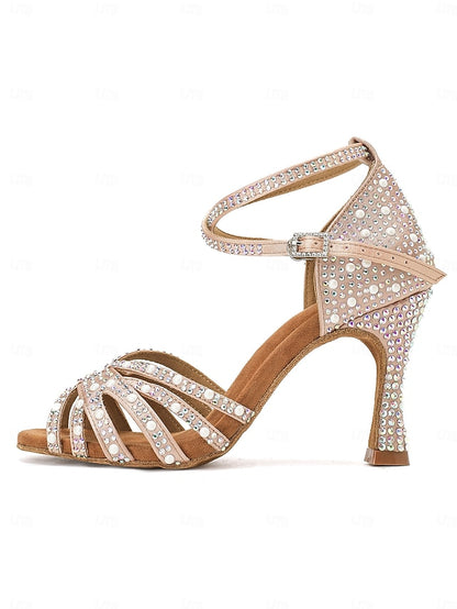 High Sandals with Heel Tan Latin Rhinestone-Embellished Dance