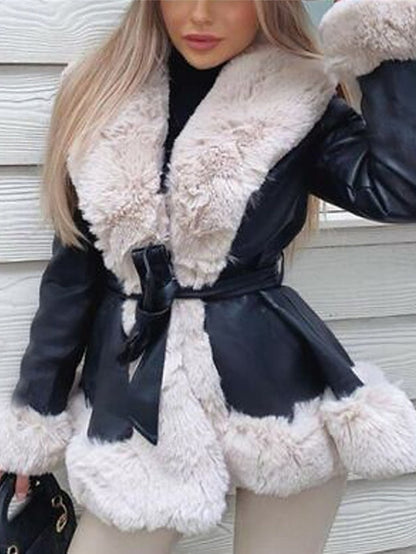 Women's Warm Breathable Faux Leather Jacket Fur Collar