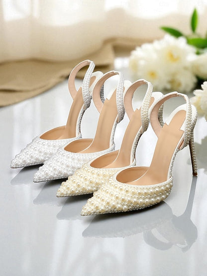 Slingback - Pearl-Embellished Leather Women's White Heels