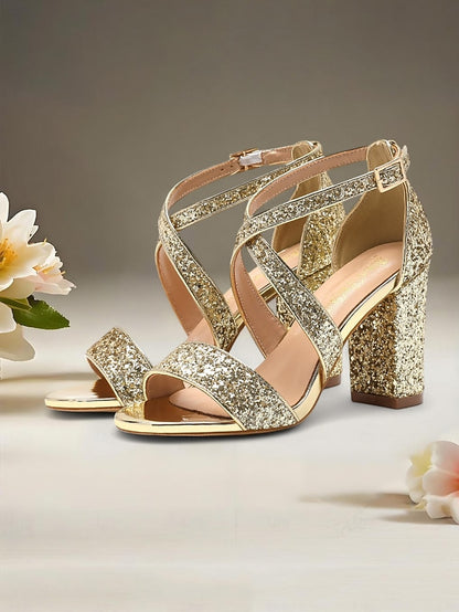 Glitter Women's Block Gold Sandals Heel