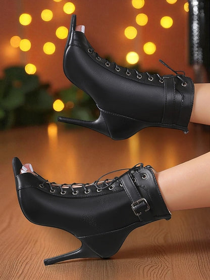High Women's Heel Peep Booties Black Toe - Stiletto Lace-Up