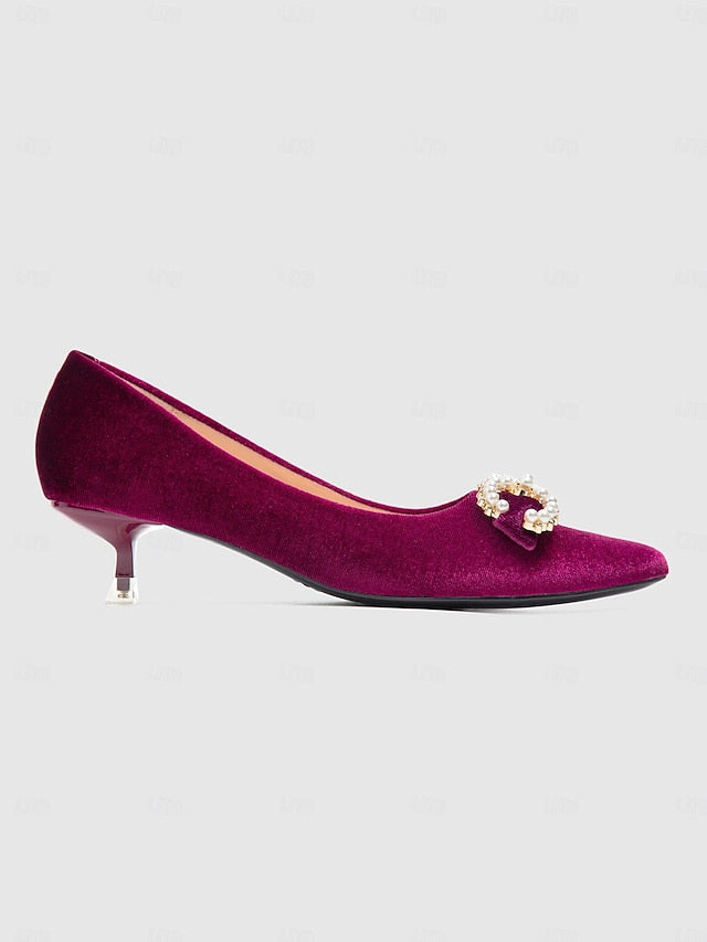 Bow Velvet Heel Women's Kitten - Burgundy with Pumps Pearl