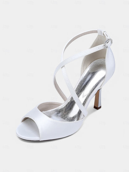 Cross-Strap Satin Peep-Toe Heels Elegant Women's White –