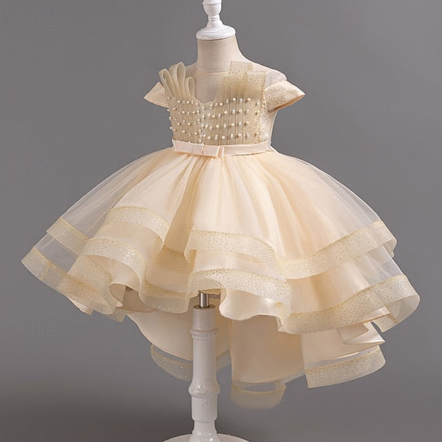 Wedding Girls' Party Dress Solid Sleeve Color Kids Short