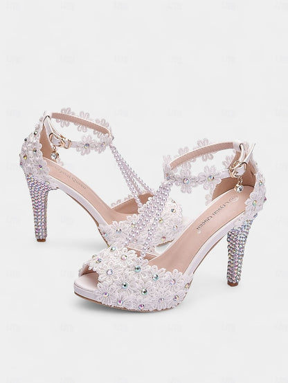 - Floral White Lace T-Strap Sandals Pearl-Decorated Bridal