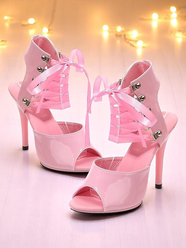 Cutout Black Women's Sandals Sexy Patent Stiletto - Lace-Up