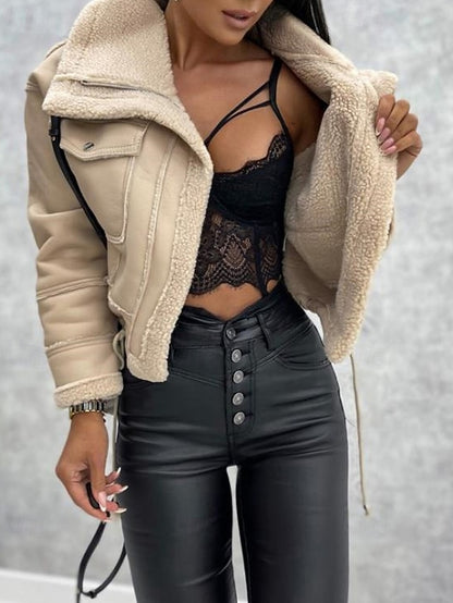 Pocket Warm Leather Buttons Jacket Women's Comfortable Faux