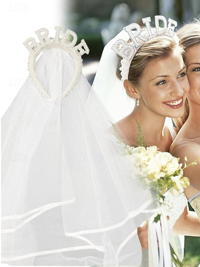with Veil Pearl-Embellished Headband 'BRIDE' –