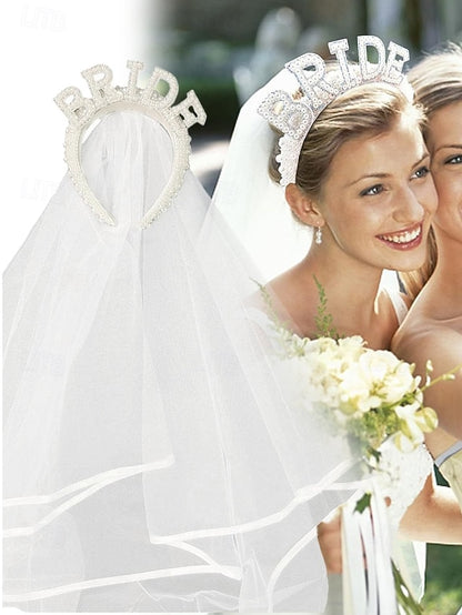 with Veil Pearl-Embellished Headband 'BRIDE' –