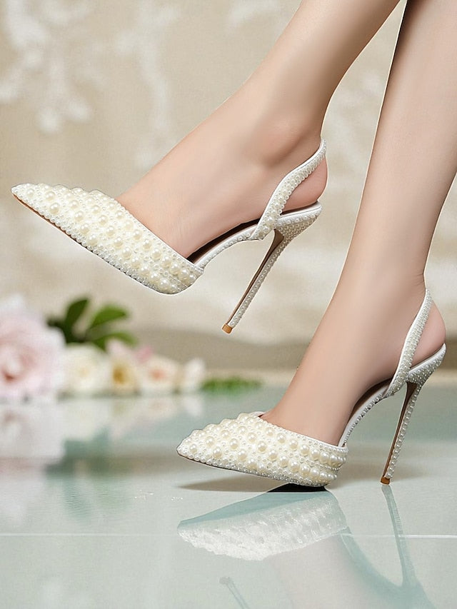 White - Pearl-Embellished Women's Slingback Leather Heels