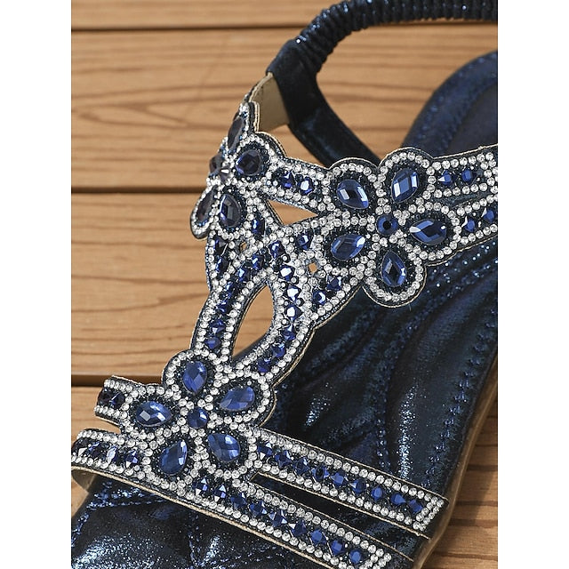 Rhinestone – Flat Boho Silver Sandals Women's T-Strap