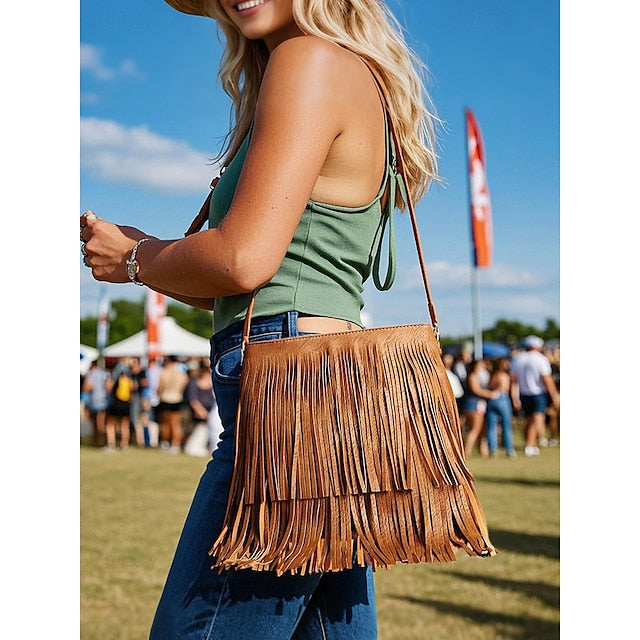 - Women's Leather Bag Faux Fringe Bohemian Crossbody