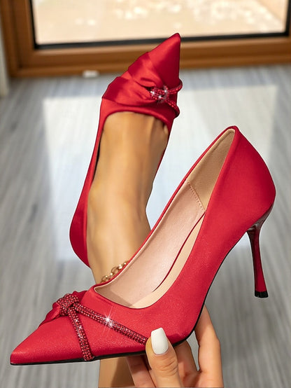 Satin Stiletto Red Toe with Heels Pointed Women's