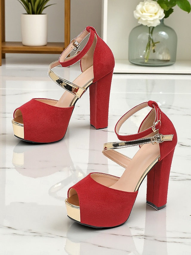 Block Peep Heel Red Platform Suede Sandals Toe Women's -