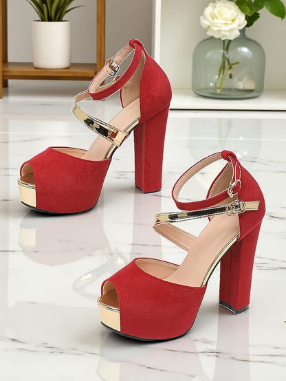 Block Peep Heel Red Platform Suede Sandals Toe Women's -