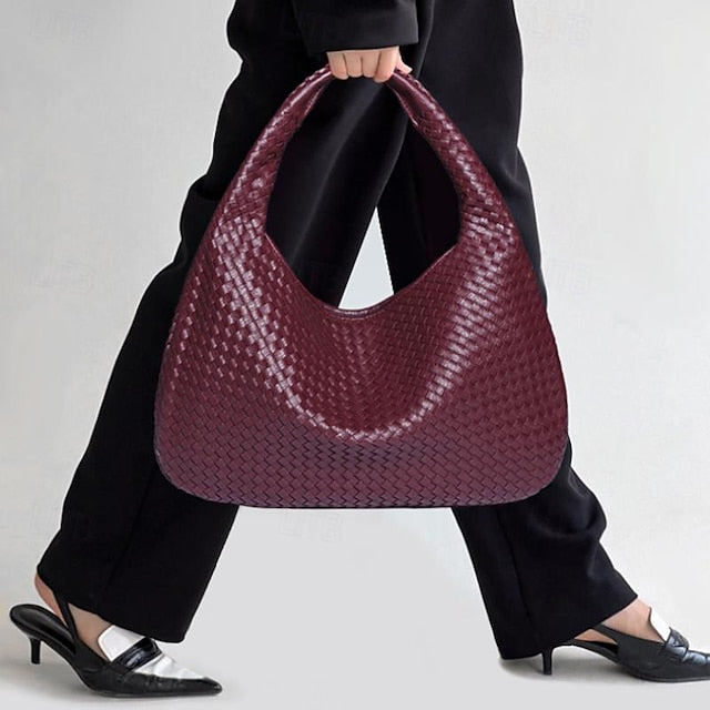 Woven Bag Faux – Burgundy Leather Hobo Women's Chic