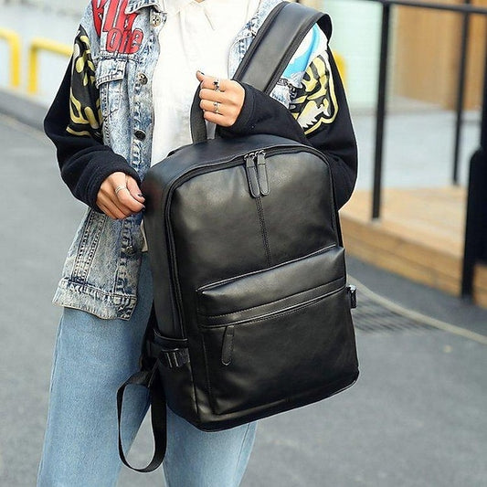 with Leather Backpack Black Faux Front Zipper Men's Pocket