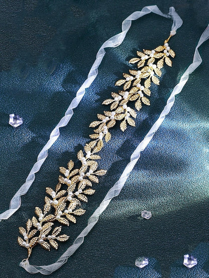 Elegant Leaf Accents Pearl Gold – Bridal Belt with
