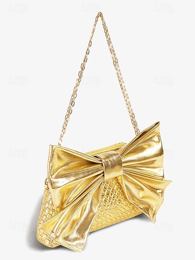 with Women's Oversized Faux Gold Bow Clutch Leather Bag