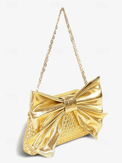 with Women's Oversized Faux Gold Bow Clutch Leather Bag