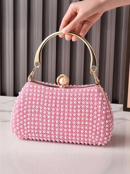 Gold with Beaded Handle Evening Pearl Bag Women's Clutch