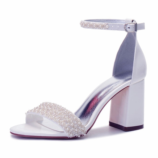 Pearl Strap White Embellished Ankle Ivory Women's Block