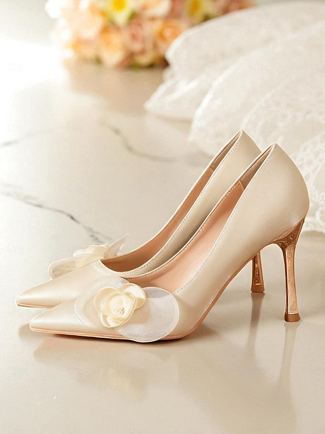 Satin Women's Floral Elegant - Ivory Heels Wedding Pointed