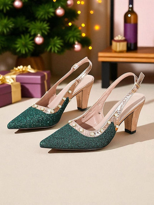 Gold High Heels Green Strap Glitter with Slingback Women's