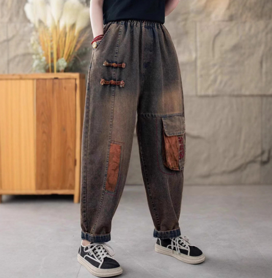 Women Autumn Vintage Patch Spliced Cotton Harem Pants  GEM633