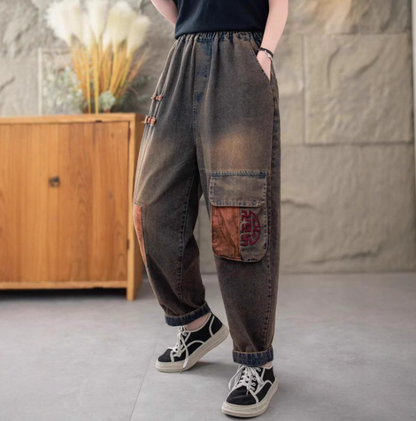 Women Autumn Vintage Patch Spliced Cotton Harem Pants  GEM633